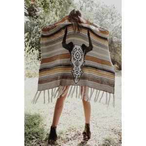 Cow Skull Striped Poncho Striped Open Front Long Fringe Cloak Sleeves Graphic